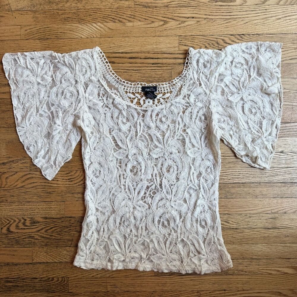 Y2K Rue 21 Lace Top Womens Med Ivory Flutter Sleeves Fairy Crochet Whimsigoth